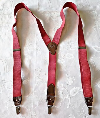 GENTS AUTHENTIC ALCOTT & CO BURGUNDY ELASTIC FABRIC LEATHER MENS SUSPENDERS