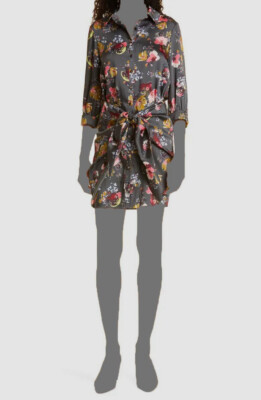 $385 Cinq à Sept Women's Gray Floral Button Front Sash Shirt Dress Size 2