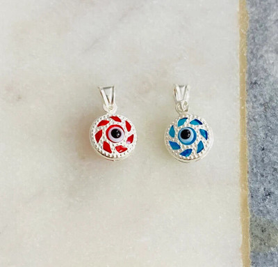 925 Sterling Silver Murano Glass 14mm x 8mm Round Evil Eye Charm Pendant- P146