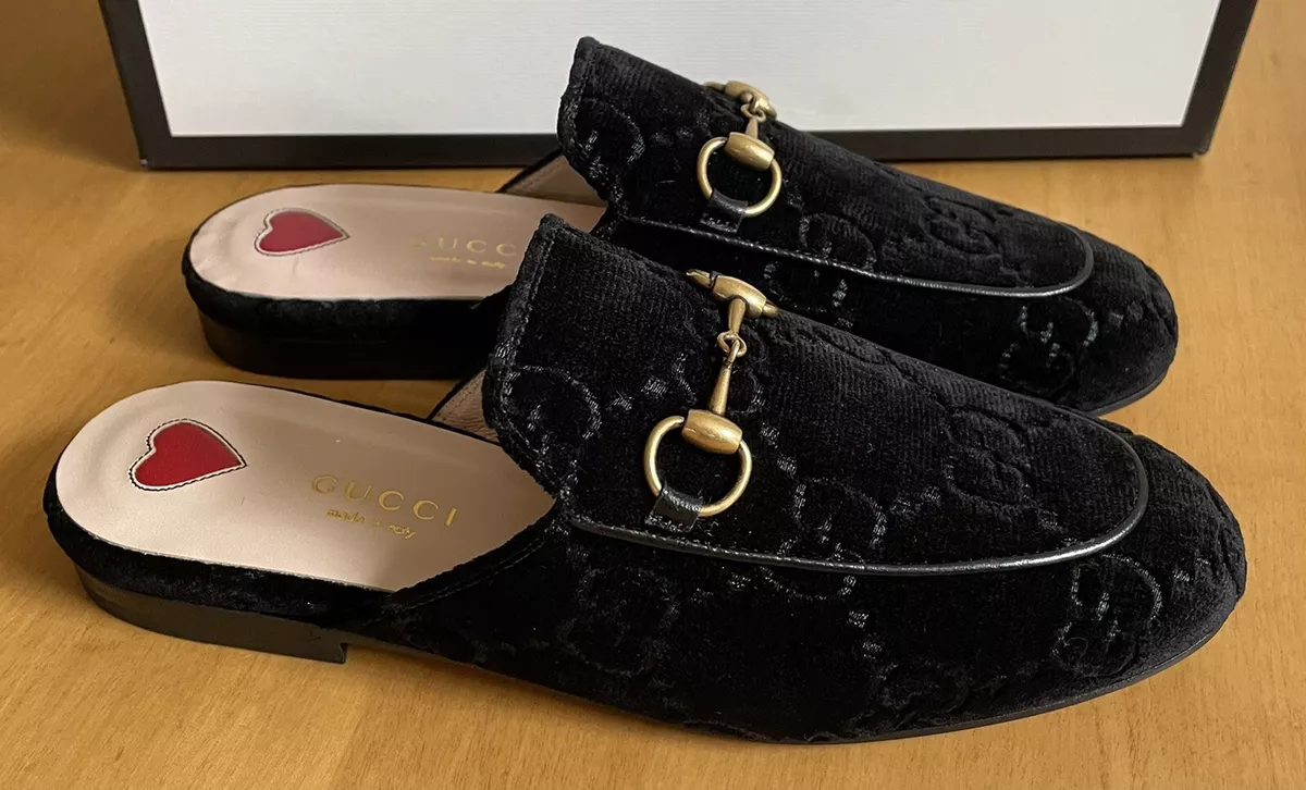 NEW GUCCI Women Princetown Velvet Black Mules Sleeper Loafer Shoes