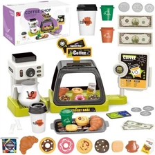 Kids Kitchen Pretend Play Sets: Toy Coffee Maker Machine and Cash Register Kit -
