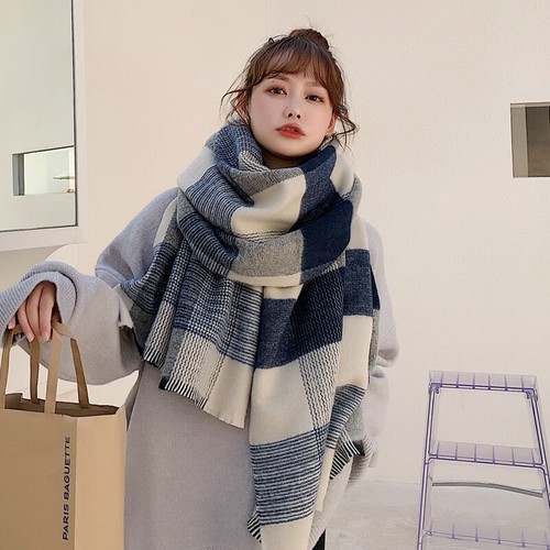 Neuer blau karierter Schal gestrickt Wolle Kaschmir warm Wollschal Herbst DE