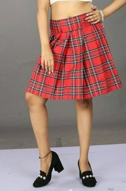 Women's Red Tartan Mini Skirt School Girls Check Pleated Midi 18