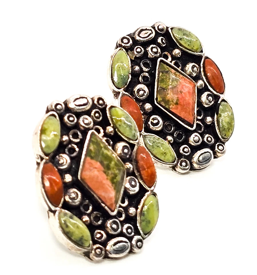 Unakite large multi stone sterling silver gemstone stud earrings - Imagem 2 de 4