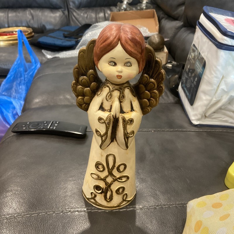 Vintage MCM Hand Painted Ceramic Angel Figurine Red Hair Gold Scroll HF Co