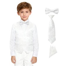 Boys Vest Paisley Big Boy Waistcoat White Jacquard Kids Wedding Prom Vests Se...
