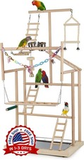 Puesto de juego de madera para loros con comederos, cascabeles y 4 niveles NUEVO