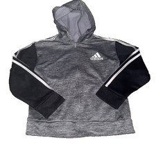 ADIDAS Size 6 Boys Grey Black Pocket Fleece Lined Warm Zip Up Athletic Hoodie