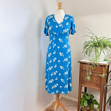 Woolovers Jersey Tea Dress Size S Turquoise Blue Floral Fit & Flare Spring