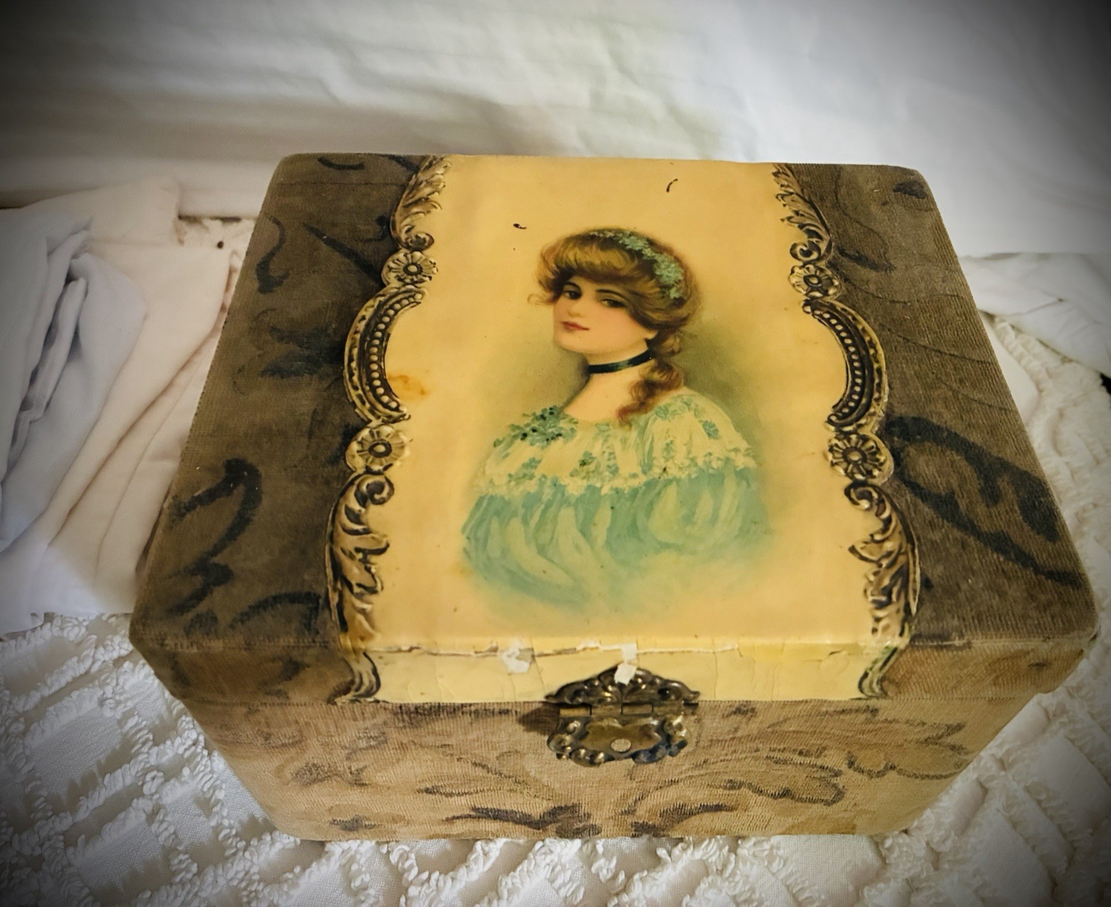 Antique celluloid vanity jewelry box with decoupage Victorian lady portrait and velvet lining