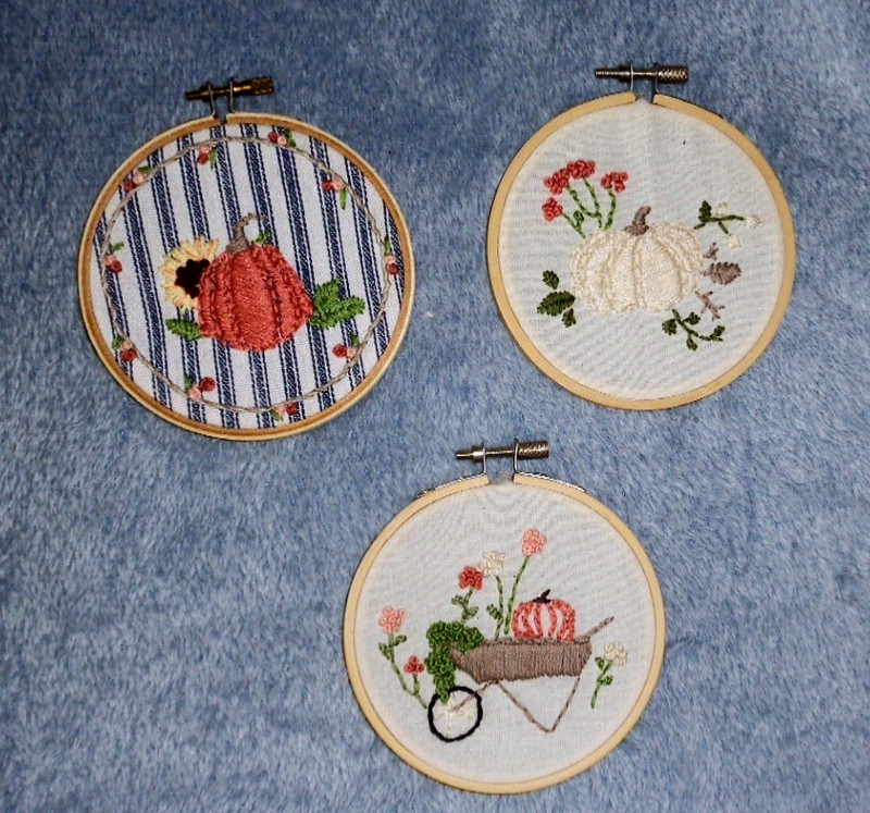 3 HANDMADE CROSSSTITCH IN HOOPS SET-4.25" EACH-FLOWER CART,PUMPKIN,FLOWERS-MINT!