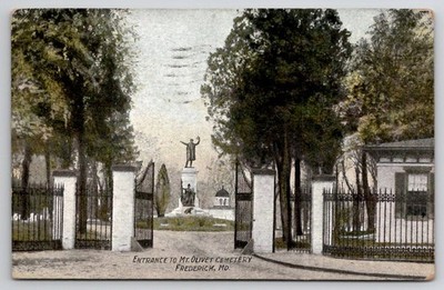 Mt. Olivet Cemetery Entrance Frederick MD Postcard w/ Statue & Gates 1910 to DC