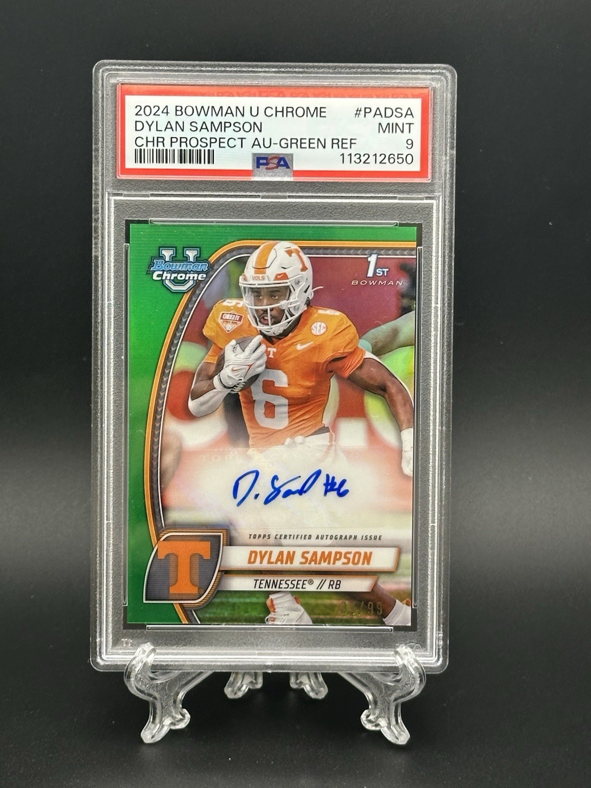 Dylan Sampson Autograph #PA-DSA 2024 Bowman Chrome University Green /99 PSA 9