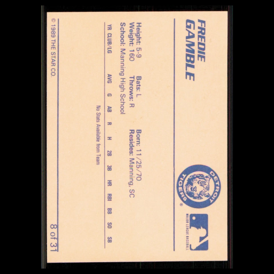 Fredie Gamble #8 1989 Star Minor League Bristol Tigers Baseball Card MLB NM - Image 2 of 3