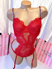 Victorias Secret Corset Teddy Thong W/Garters Underwire Lipstick Red XL 99