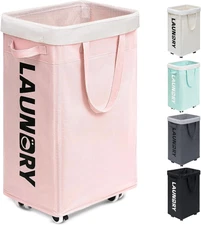Pink Laundry Basket with Wheels, Dorm Room Essentials for Girls, 75L Collapsible