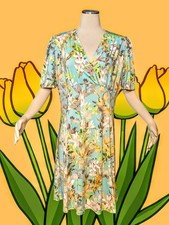SKYE'S THE LIMIT $69 Orange Aqua Green WATERCOLOR FLORAL Dress V-Neck Women's L