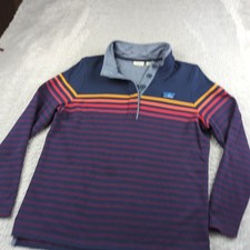 LL Bean Shirt Women L Blue Red Rugby Henley Shirt Stripe Patch Logo Cotton Ombre