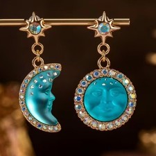 Blue Moon  Sun Celestial Drop Earrings Gold-Tone With Iridescent Crystals