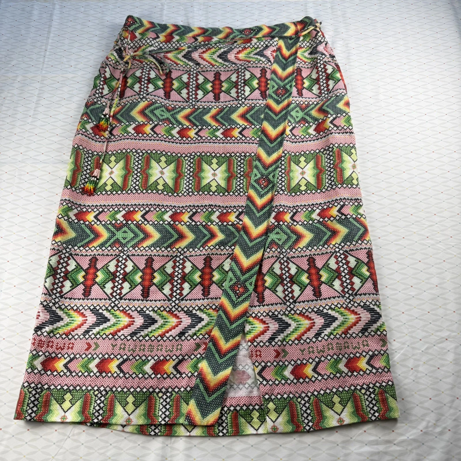 FARM RIO Skirt XL Yawanawa 100% Linen Slit Midi Beaded Artsy Boho Colorful