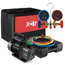 PB Motor TECH 4.5CFM 1/3HP Vacuum Pump and 3-Way AC Manifold Gauge Set for R1...