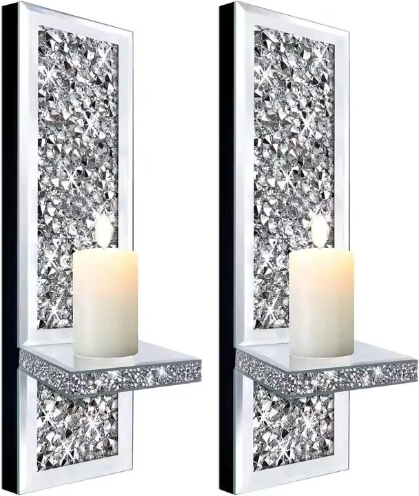 SERENA'S Silver Mirrored Wall Mount Candle Sconce W/Scattered Diamond - Set of 2 - Image 3 of 4