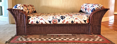 Vintage Mid Century Woven Wicker Sofa or Daybed Wonderful Bright Upholstery - Picture 2 of 19