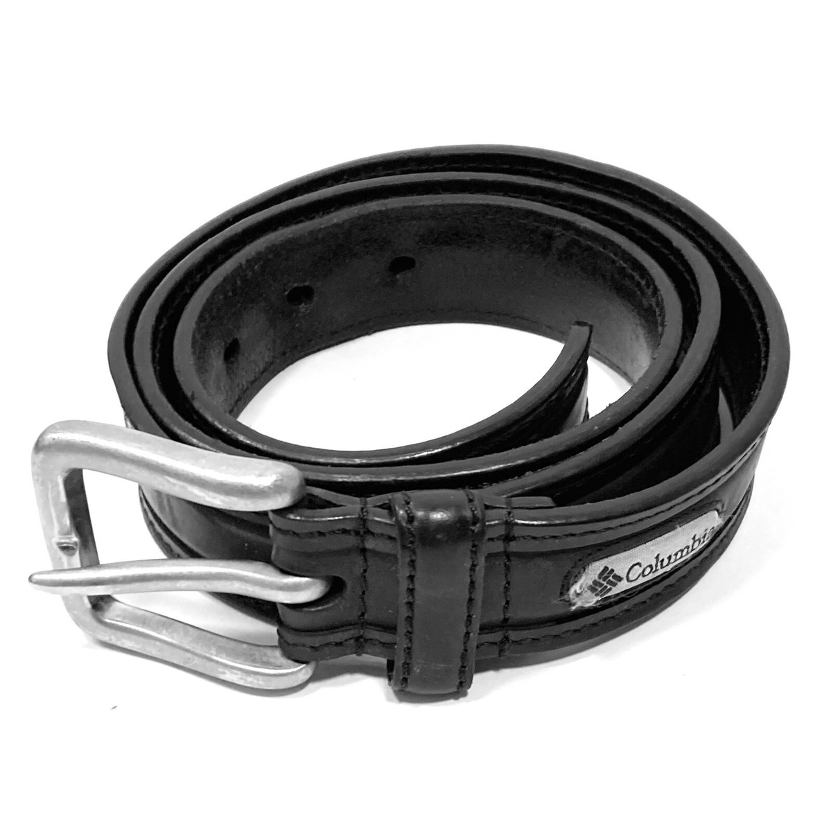 COLUMBIA BLACK LEATHER BELT WITH SILVER TONE BUCKLE, SIZE 38 