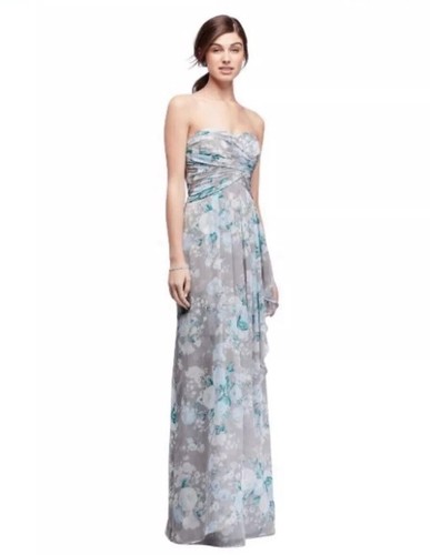 NWT David’s Bridal Cascade Chiffon Grey/Blue Floral Strapless Maxi Dress Sz M 10