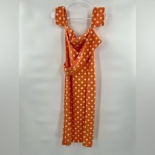 Tangerine Polka Dot Bardot Drape Detail Split Midi Dress 4 prettylittlething