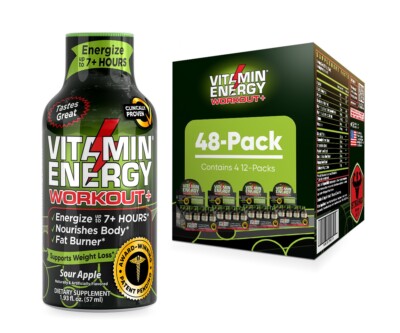 (48 Pack) Vitamin Energy  Workout+ Sour Apple Energy Shots, Clinically Proven