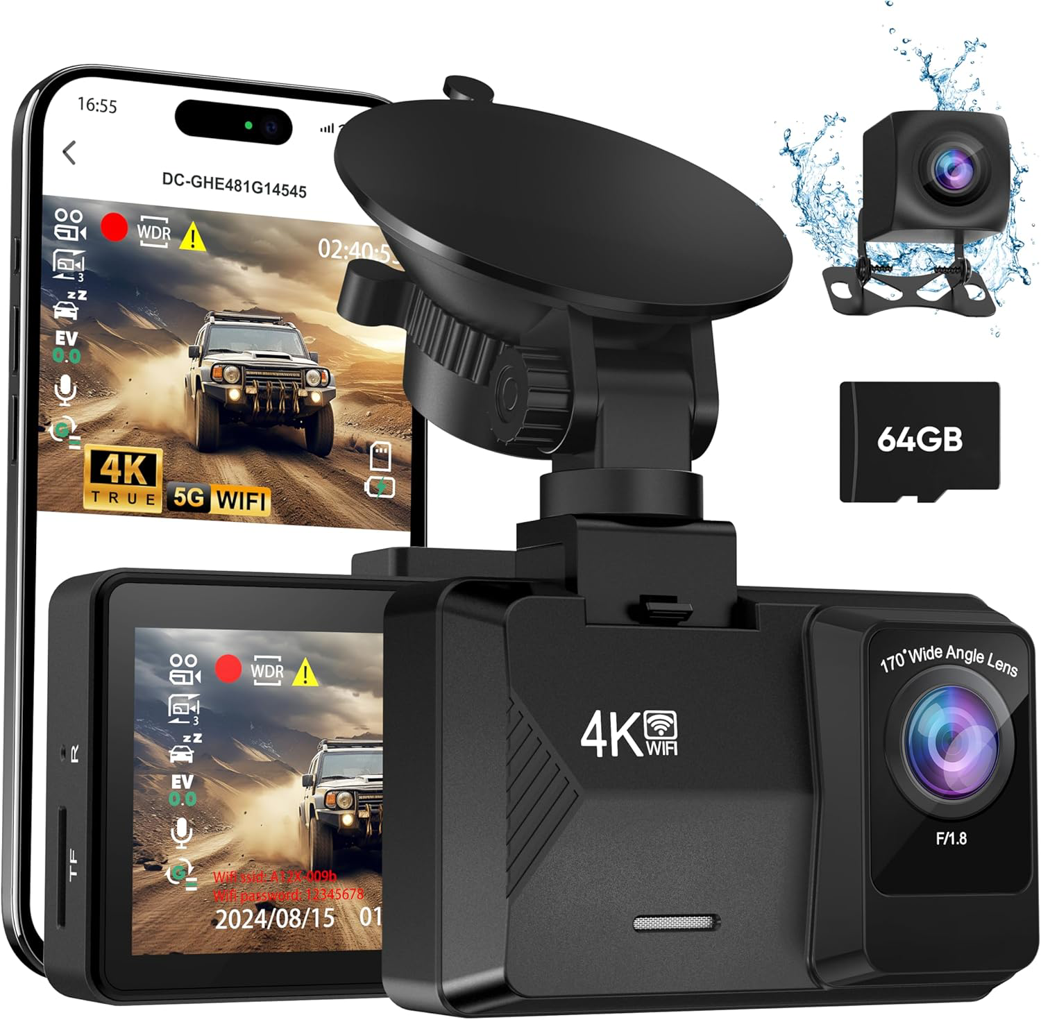 4K Dual Dash Cam with WiFi, 64GB SD Card, 24H Parking Mode, Night Vision