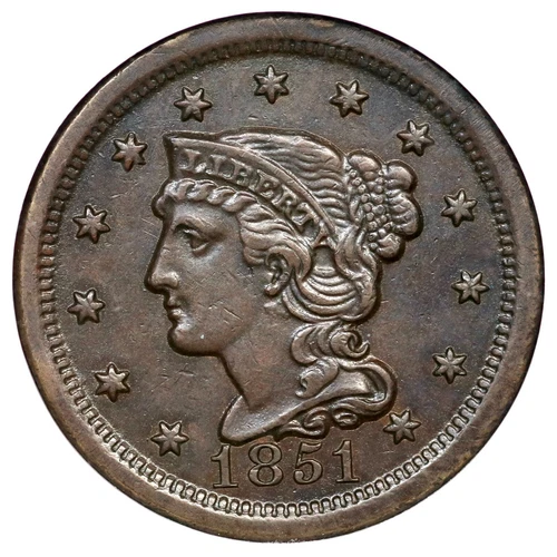 1851 N-34 R-4 NGC AU 58 Braided Hair Large Cent Coin 1c