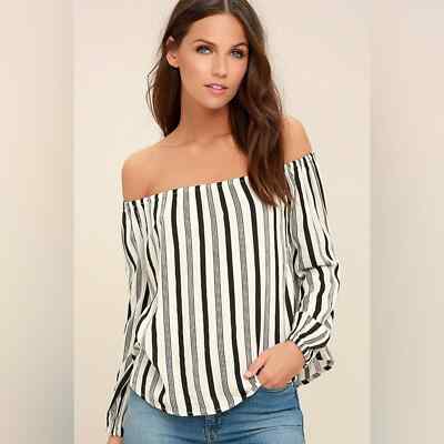 Billabong Mi Amore Black and White Striped Off-the-Shoulder Top small c 