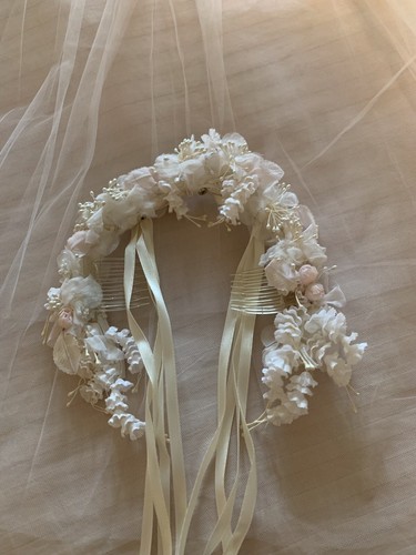 White Wedding headpiece with eight ribbons flowing/white veil netting/