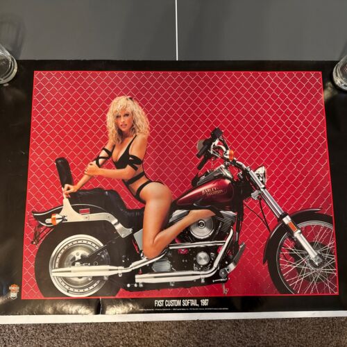 Vintage Harley Davidson 90’s Poster Motorcycle Girl FXST Custom Softtail 1987 - Picture 2 of 6