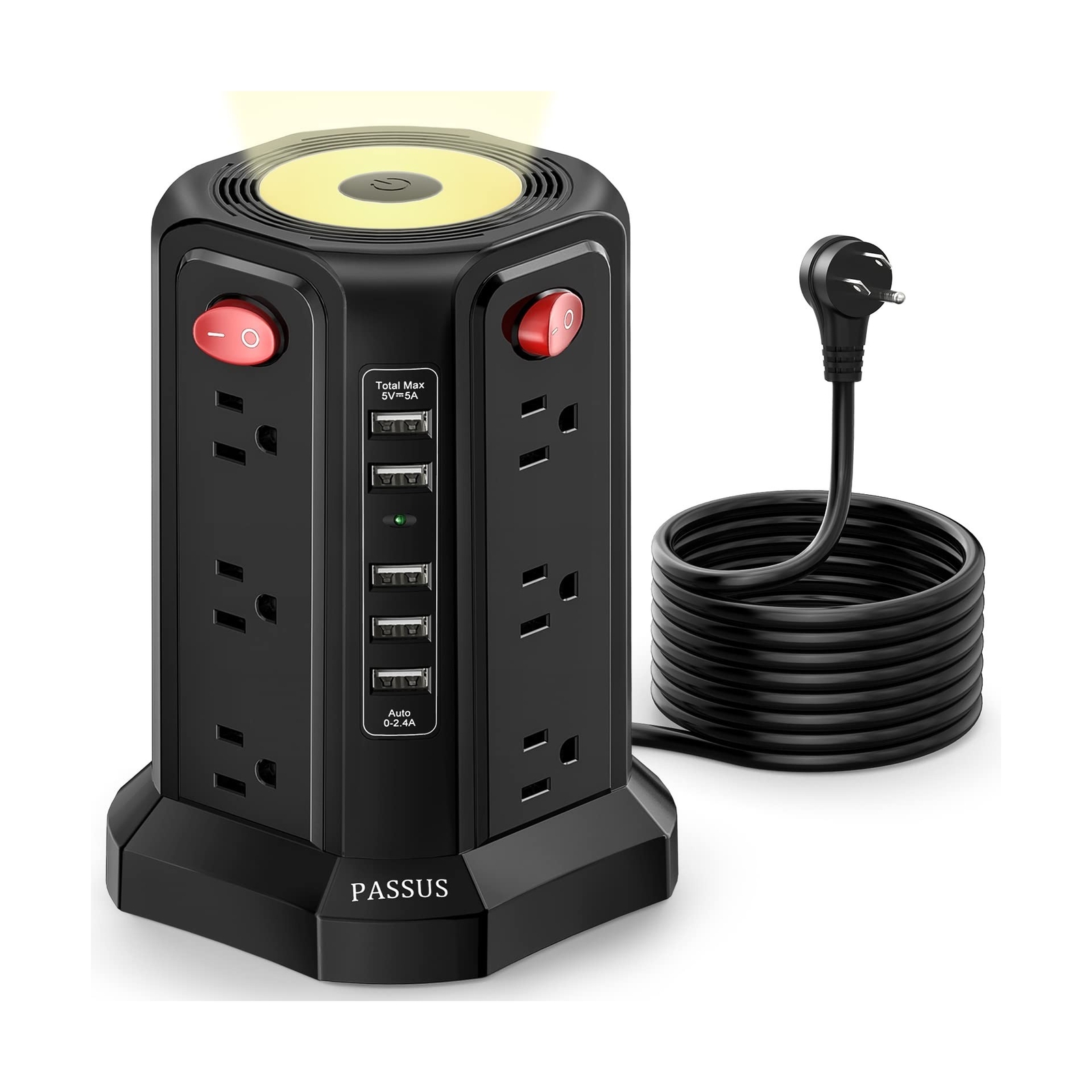 Surge Protector Power Strip Tower with 5 USB Ports and Night Light,10FT Exten...-image
