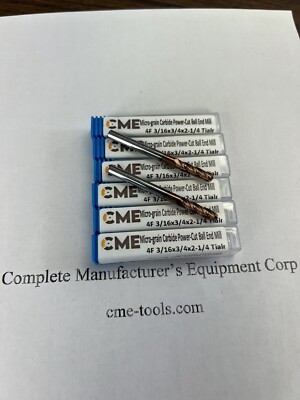 6pcs 3/16x3/4x2-1/4  Long Length Carbide Ball End Mills Tialn Coated 1006-BTN