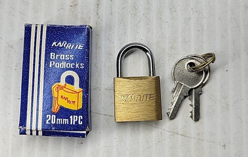 Vintage KAR RITE 20mm Brass PADLOCK NOS Box Lock w/ KEY - 第 1/4 張圖片