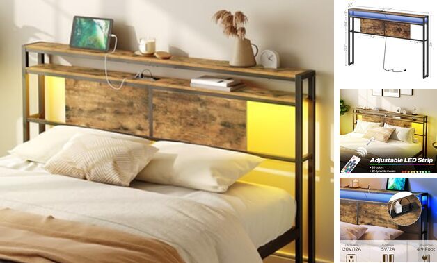 Size Headboard, Headboard with Light and Outlets, Queen Rustic Brown and Black