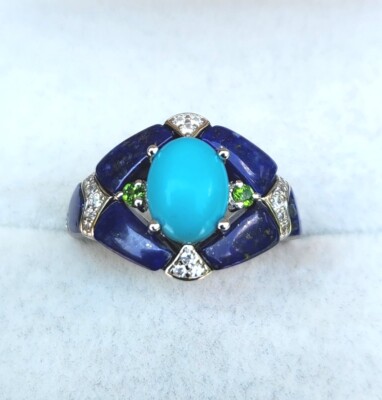 Sleeping Beauty Turquoise Lapis Multi Gem Ring in Rhodium Over Sterling  Sz - Main Image