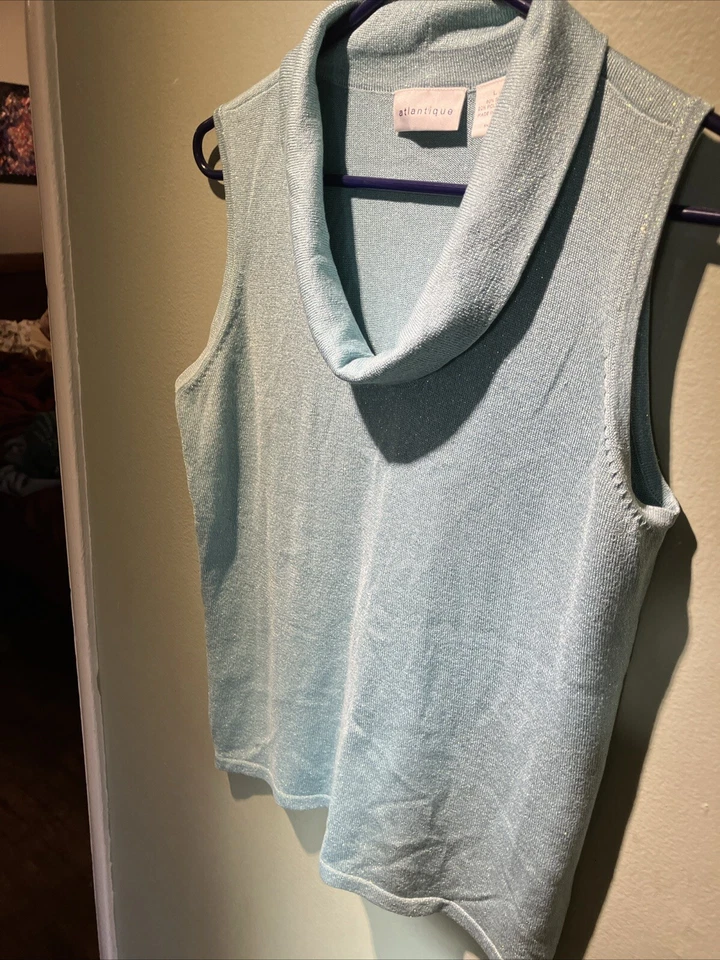 ATLANTIQUESILK Seda L Polvo Brillante Azul Sin Mangas Tejido Capucha Cuello Elegante Foto 3 de 4