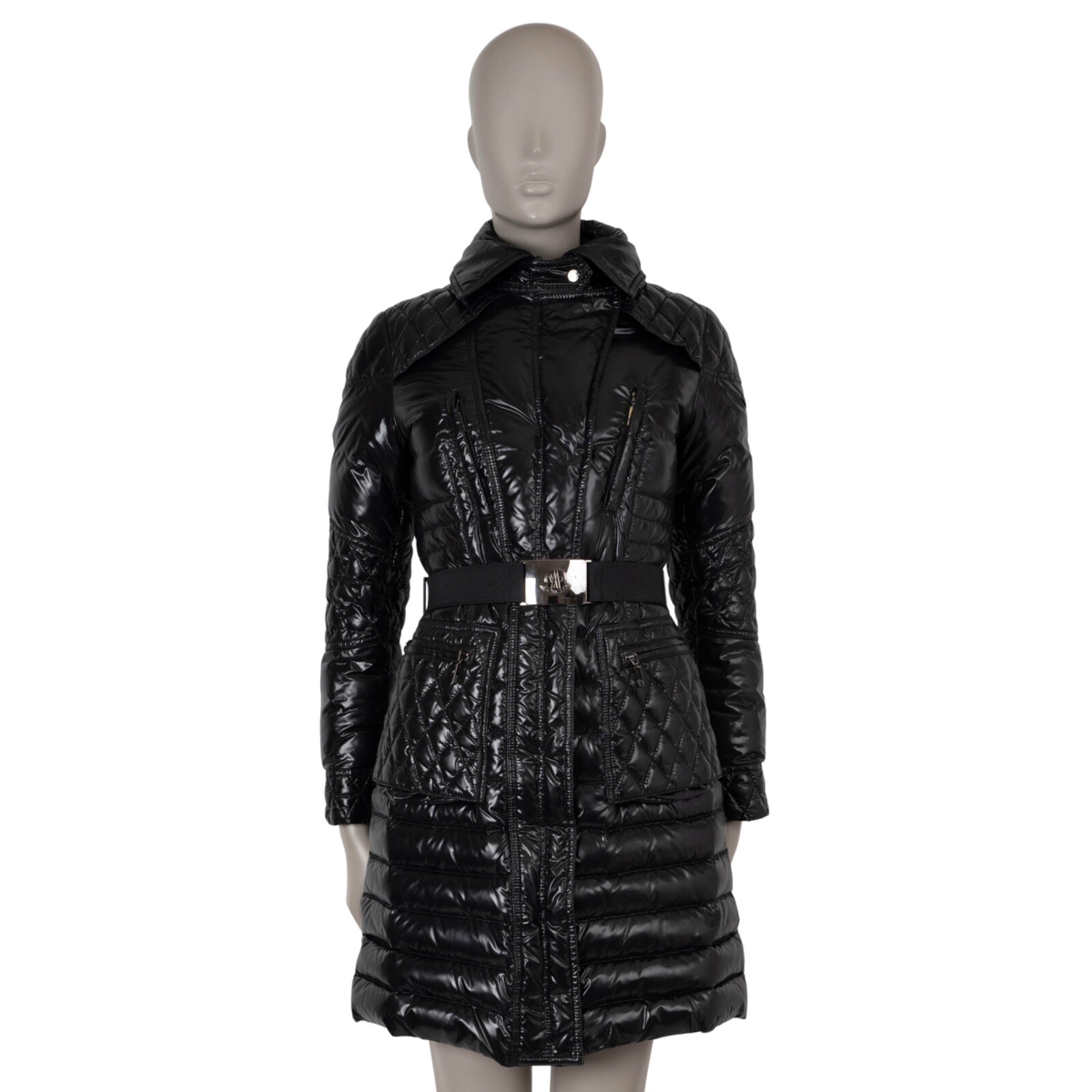 MONCLER black nylon MAIL BELTED PUFFER Coat Jacket size 0 XS