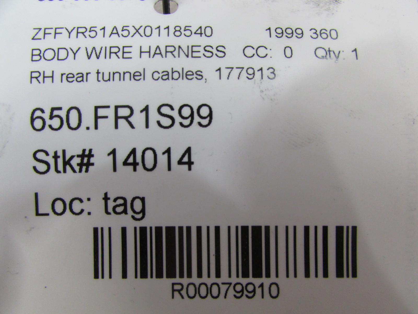 Ferrari 360, RH, Right Rear Tunnel Wire Harness, Used, P/N 177913