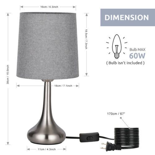 Set of 2 Modern Bedside Table Lamps with Gray Fabric Shade for Bedroom, Office