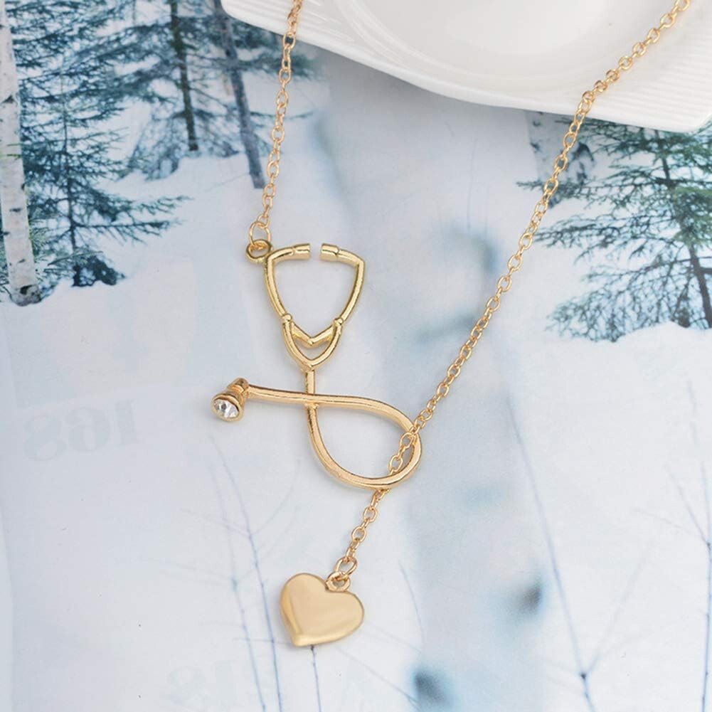 HOT Yfn 14k Gold Stethoscope Necklace Heart Stethoscope