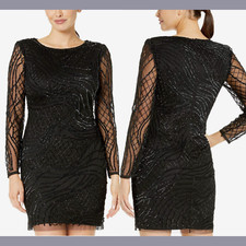 NWT $199 Adrianna Papell [ 12 ] Sequin Beaded Long Sleeve Dress in Black #G884