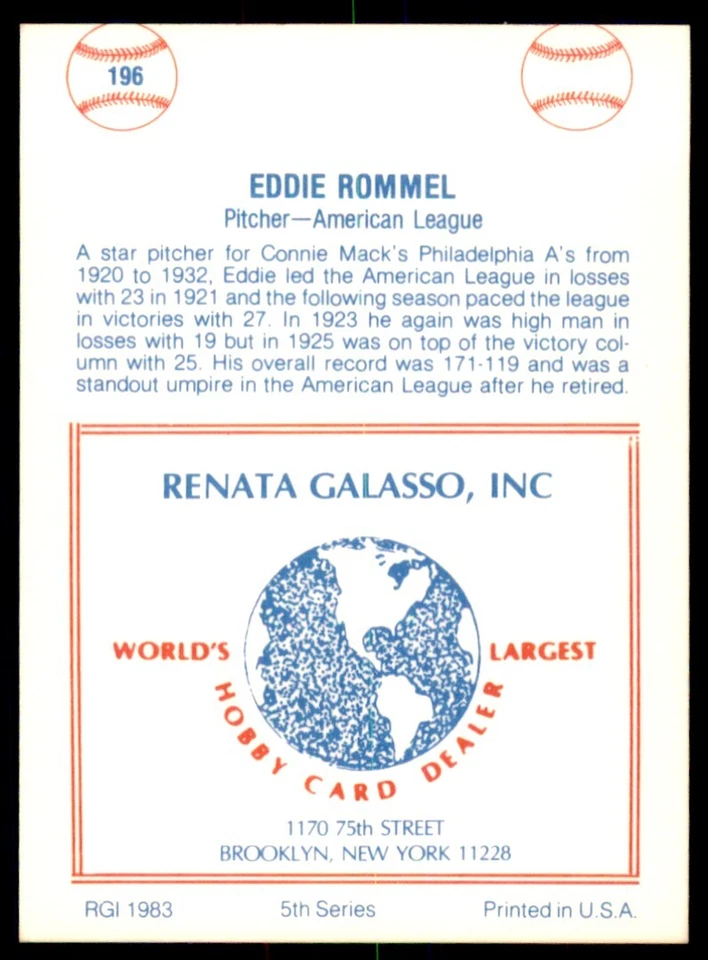 1983 TCMA Renata Galasso #196 Eddie Rommel Philadelphia Athletics - Image 2 of 2