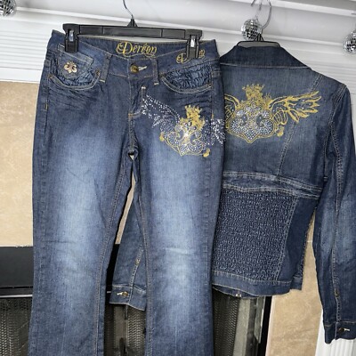 DEREON Beyonce RUCHE EMBROIDERED Y2K 2 piece denim jeans set outfit Med Jacket