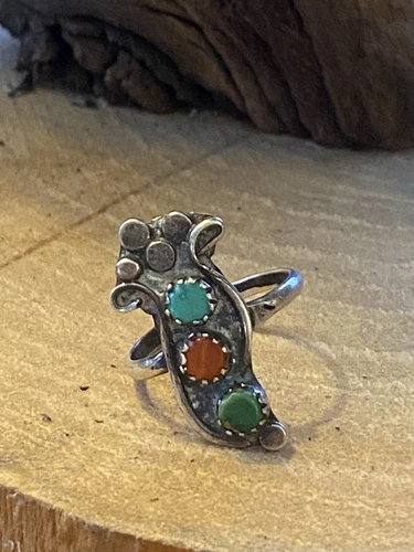 Vintage 925  Sterling Silver Turquoise CORAL Dot Floral Cornucopia Size 6.5 Ring